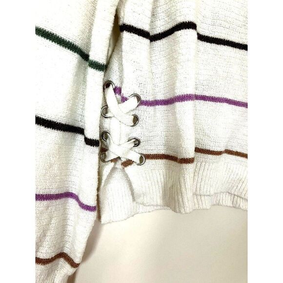SO sz S Slouch Cropped Ivory White Stripe Grommets Side Tie Laces Knit Top Comfy - Picture 2 of 5